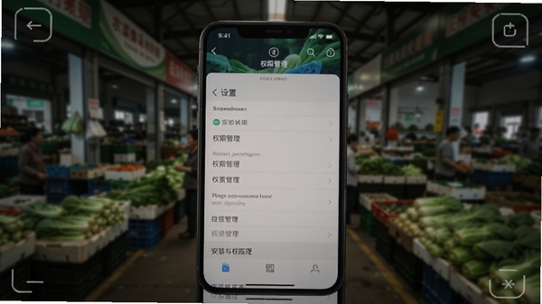 批菜集采移动端操作截图,手机屏幕显示设置菜单中的权限管理选项,背景为模糊的农批市场环境,色调偏暗以突出设置界面,强调安装与权限管理的重要性