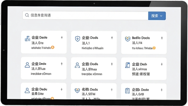 企业信息信用查询通搜索界面,顶部有搜索框,下方显示企业列表,每个企业卡片上有企业名称和法人信息,背景为浅灰色,界面简洁,现代感强
