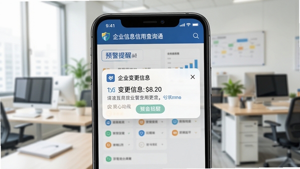 企业信息信用查询通的预警提醒界面,手机上弹出通知,显示企业变更信息,背景为办公室场景,色调明亮,风格写实