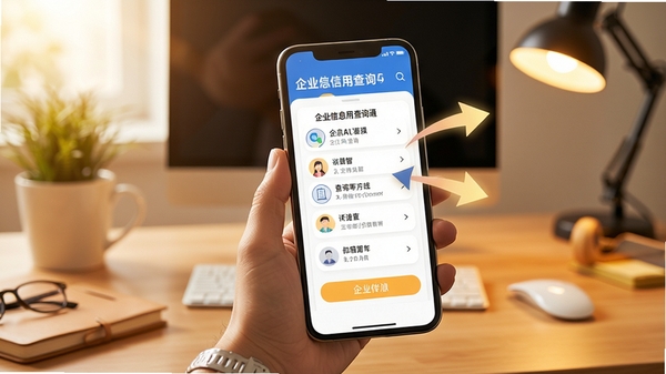 企业信息信用查询通使用教程场景,手机屏幕显示查询步骤,旁边有箭头标注,背景为桌面办公环境,色调温暖,风格友好