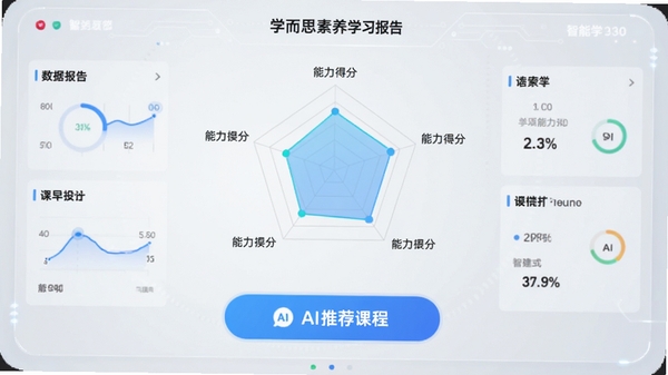 ѧ��˼����APPѧϰ����ҳ�棬չʾ�״�ͼ��ʾ���������÷֣��·���AI�Ƽ��γ̰�ť������Ϊǳ��ɫ�Ƽ��н��棬���ݿ��ӻ���������������ѧϰ���ܡ�