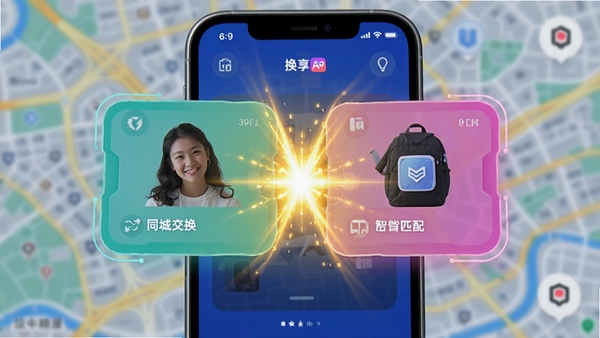 换享App的智能匹配功能界面示意,手机屏幕上展示两个物品卡片正在相互靠近并发出金色光芒,背景是模糊的城市地图,象征精准匹配与同城交换,画面科技感十足,色彩鲜明,比例16:9