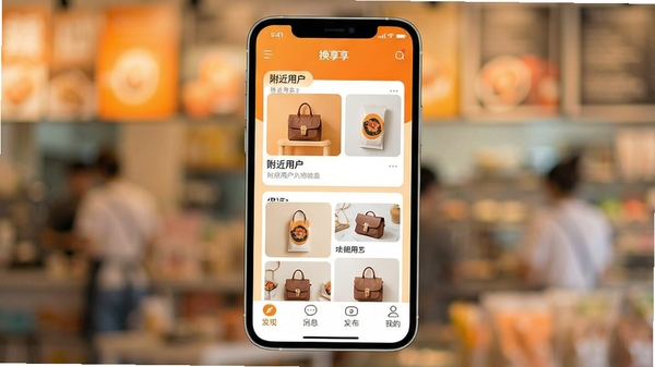 一张智能手机屏幕展示换享App主界面,界面分为“发现”“消息”“发布”“我的”四个底部标签,中央区域显示附近用户发布的物品卡片,以温暖明亮的橙色调为主,背景虚化处理,突出APP界面的清晰与活力,画面比例16:9