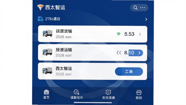 西太智运司机端主界面截图,深蓝色背景,下方清晰的功能导航栏,中间显示货源列表和接单按钮,画面简洁明快,突出物流运输的现代感