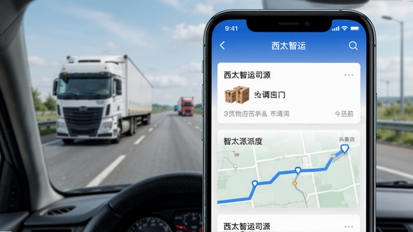 西太智运司机端APP的智能派单功能界面预览图,画面展示手机屏幕上推送的货源卡片,包含货物信息和路线,背景为道路与卡车,风格写实清晰。