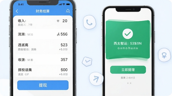 西太智运司机端APP的财务结算页面展示,画面显示清晰的收入明细列表和提现按钮,背景有手机支付成功的画面元素,整体风格简洁明亮。