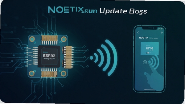 NOETIX Run ������־��ͼ��չʾ�°汾֧�ֵ�ESP32���������ֻ�����ʾ��ͼ��������Ϊ���ĿƼ��廭�磬ͻ��оƬ�������źŵ�Ԫ�أ�ɫ��������ɫΪ��