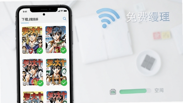 免费漫画大全离线缓存功能演示图,手机屏幕显示下载管理界面,列表中有多部漫画封面,每个封面右下角有绿色对勾表示已缓存,背景是简洁的桌面,有WiFi图标和存储空间指示条,突出离线阅读的便利性