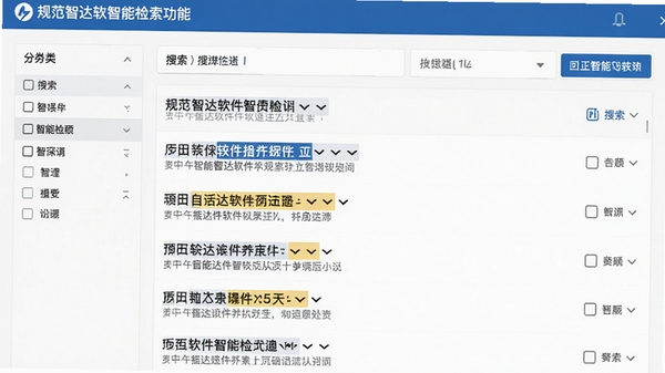 规范智达软件智能检索功能截图,展示搜索结果列表与关键词高亮效果,背景为白色,列表项清晰,左侧有分类筛选栏,整体界面干净整洁。