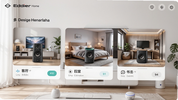 Edifier Home���豸���������ͼ��ͬʱ��ʾ���ͬ�ͺŵ����������俨Ƭ���ֱ��ע���������ҡ��鷿������Ϊ�������ܼҾӻ���������������UI����ִ���