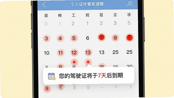 手机个人证件管家通证件到期提醒界面,手机屏幕上展示一个日历视图,其中几个日期有醒目的红色圆点标记,下方弹出横幅通知显示“您的驾驶证将于7天后到期”,背景为简洁的浅黄色,视觉重点突出提醒的紧迫感与实用性。