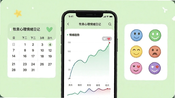 ��Ȫ���������ռǽ��棬չʾ���������������ߣ�����Ϊǳ��ɫ�������ֻ���Ļ��ʾ������������ͼ���Ա��в�ɫ����ͼ�꣬�������������£�ͻ����¼��׷�ٹ���