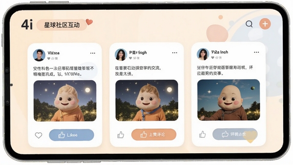 4i���������������棬չʾ�û���̬��Ƭ���������֡�ͼƬ���������۰�ť������Ϊ���ŵ�ǳɫϵ�������ܰ��ͻ����ȫ���ƵĽ�����Χ��