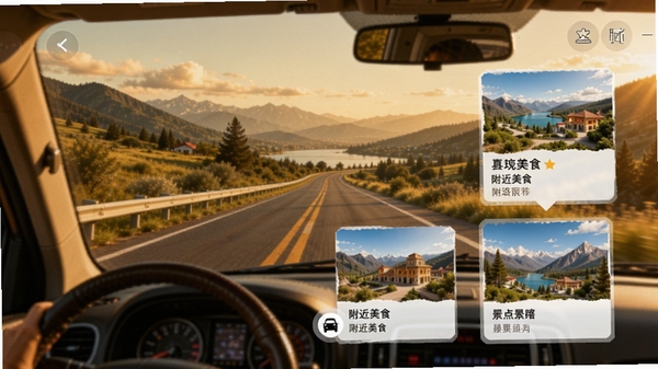 易远方沿途推荐功能展示图,画面主体为车窗视角的公路风景,界面上浮现出附近美食与景点的卡片推荐,色调温暖,富有旅行代入感。