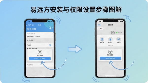 易远方安装与权限设置步骤图解,画面采用分步示意图风格,展示手机设置界面中定位权限开启的步骤,背景为柔和的纯色渐变,简洁易懂。