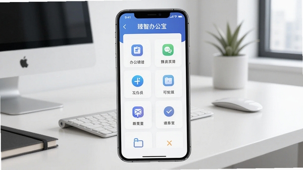 臻智办公宝主界面截图,展示其简洁的办公工具图标布局,背景为现代简约的办公桌面场景,手机屏幕居中显示,画面明亮清晰。