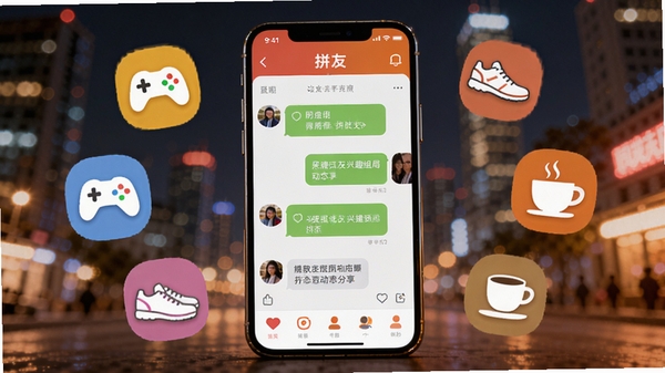 拼友是一款集同城交友、兴趣组局、动态分享于一体的社交软件,画面中心是一部展示拼友APP聊天界面的智能手机,手机周围环绕着代表不同兴趣的彩色图标(如游戏手柄、运动鞋、咖啡杯),背景为模糊的现代城市夜景,整体色调温暖明亮,突出社交的活跃与亲近感,适配Boogu模型生成。