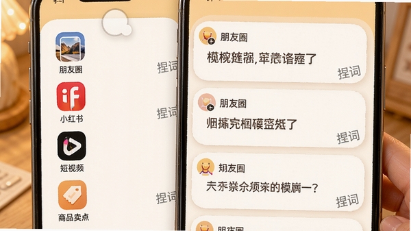 场景模板展示界面,手机屏幕列出“朋友圈”“小红书”“短视频”“商品卖点”等多个图标,点击“朋友圈”后展开多条文案模板卡片,背景为暖色调,卡片圆角设计,带有“捏词”水印,整体风格温馨友好