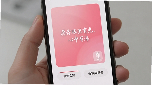 分享功能展示,手机屏幕显示一张带有“捏词”水印的卡片,卡片上写着“愿你眼里有光,心中有海”,背景为渐变粉色,底部有“复制文案”“分享到微信”按钮,界面简洁美观