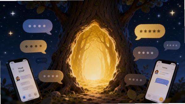 树洞交友主视觉图,画面中央是一个发光的树洞,树洞内透出温暖光线,周围环绕着手机屏幕和对话气泡,背景为星空夜空,整体色调深蓝与暖黄对比,突出匿名倾诉与连接的主题,画面细腻,适合软件首页展示