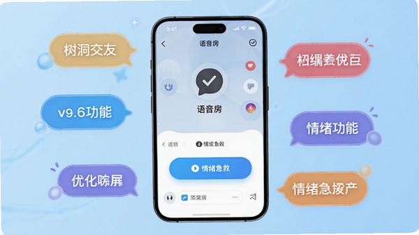 树洞交友v9.6更新功能展示图,画面中央是一个手机屏幕,屏幕中展示语音房界面和情绪急救按钮,周围环绕着更新日志关键词气泡,背景为浅蓝色渐变,整体设计现代,突出新增功能与优化点