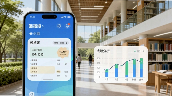 U狸校园新版本功能展示图,屏幕显示课表小组件和成绩分析图表,背景为现代化的大学图书馆和绿树,色彩明快,体现更新带来的流畅体验
