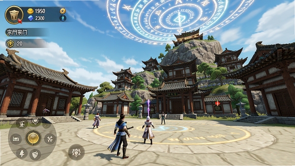 太吾纪元宗门场景,古色古香的建筑群坐落在山腰,广场上有玩家角色在互动,天空中有巨大的法阵,界面左上角显示宗门等级和资源数量,整体画面明亮,充满生气。