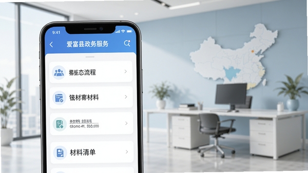 爱富县政务服务板块概念图,展示手机屏幕上显示办事流程列表和所需材料清单,背景为简洁的办公室场景,整体色调清新专业