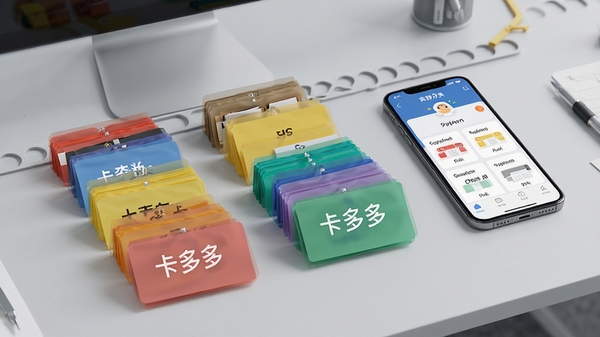 卡多多智能分类功能演示图,展示不同颜色标签的卡片分组排列,背景为浅灰色工作台,手机屏幕中显示分类界面,标签清晰可见,画面干净整洁,突出高效管理的特点。