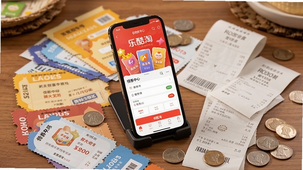 Boogu生成:俯视角度的摄影图片,一张木质的桌面上散落着各种颜色的优惠券和收据,一个智能手机支架立在其中,手机屏幕上显示乐酷淘APP的领券中心页面,页面色彩丰富,周围点缀着几枚硬币,画面光线柔和,营造出一种实惠和丰收的氛围。