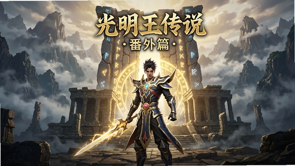 光明王传说番外篇游戏主视觉图,画面中央是主角手持光剑站在古老遗迹前,背景是云雾缭绕的奇幻山脉与巨大符文石门,整体色调以金色和深蓝为主,强调神秘与史诗感,风格为高清CG渲染,竖版构图适合手机壁纸。