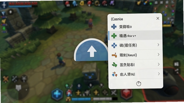 免费万能手机连点器悬浮窗效果,游戏画面中悬浮一个小巧的半圆形控件,点击后弹出任务列表,背景虚化,突出悬浮窗的便捷性