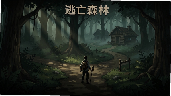 逃亡森林游戏主界面截图,画面中央是茂密阴暗的森林小径,主角背影站在岔路口,四周有微光透过树叶洒落,背景是远处隐约的木屋和雾气,营造神秘冒险氛围,整体色调偏暗绿与深棕,画质细腻,适合作为游戏宣传图