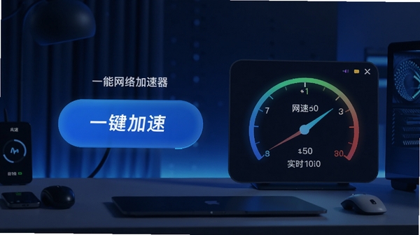 全能网络加速器主界面预览图,展示一键加速按钮与实时网速监控仪表盘,背景为现代简约风格智能设备桌面,色调以深蓝与科技蓝为主,强调高速与稳定感