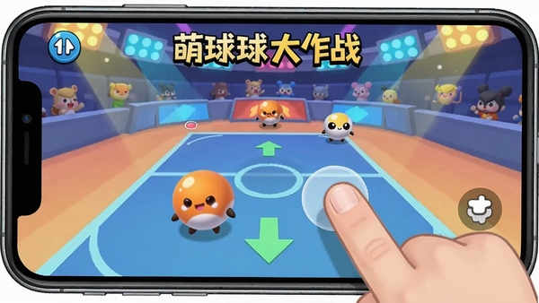 萌球球大作战操作演示图,一只手指在手机屏幕上滑动,屏幕中的萌球随之移动,界面简洁,有方向指示线,背景为游戏竞技场,风格明快