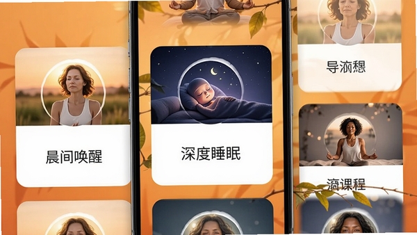 Soothe冥想课程列表,显示多个课程卡片,卡片上有导师头像和课程名称,如“晨间唤醒”、“深度睡眠”,背景是温暖的橙色调,画面整洁,富有感染力,适合移动端展示