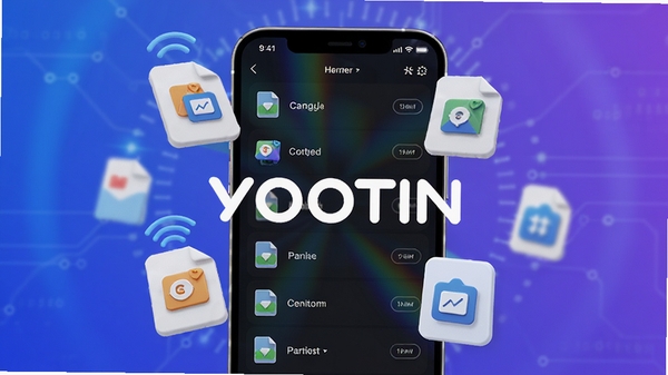YOOTIN软件主界面预览图,背景为渐变蓝紫色科技感氛围,前景展示手机屏幕上简洁的文件传输列表界面,文件图标以3D卡片形式悬浮排列,中间有醒目的YOOTIN品牌Logo,整体风格明亮清晰,突出高速传输与便捷管理的核心功能