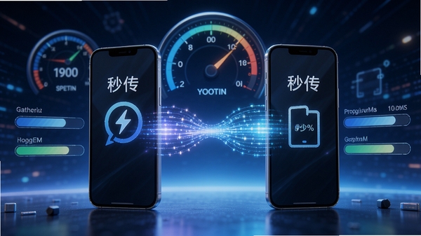 YOOTIN传输速度测试场景图,画面中央是两部并排放置的智能手机,屏幕之间以发光数据流线条连接,背景有动态的速度仪表盘和文件进度条,强调秒传和高速稳定的特点,色调明亮,充满科技动感