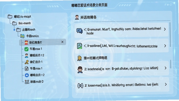 嘟嘟恋爱话术场景分类页面截图,左侧为树状分类列表,右侧显示具体话术内容,背景为浅蓝色科技感界面,文字清晰,配有小图标,整体布局合理