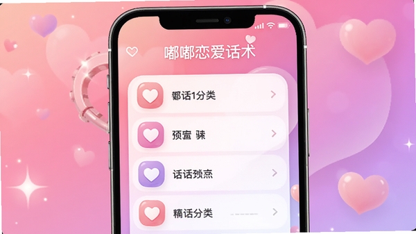 嘟嘟恋爱话术主界面预览图,手机屏幕显示聊天话术分类列表,背景为温馨浪漫的粉紫色渐变,界面简洁现代,图标圆润,突出软件名称和核心功能,整体风格明亮清晰