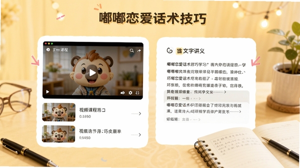 嘟嘟恋爱话术技巧学习页面,显示视频课程列表和文字讲义,背景为淡黄色暖色调,有笔和笔记本装饰,风格清新,突出学习氛围