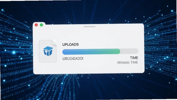 WeTransfer 传输进度界面,显示文件上传速度与剩余时间,背景为动态的蓝色数据流,画面科技感十足,突出高效传输特性,适合作为功能展示图