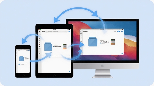 WeTransfer 多设备同步示意图,画面中手机、平板、电脑同时显示文件传输界面,周围有同步箭头连接,背景为柔和的浅蓝色,体现跨平台优势