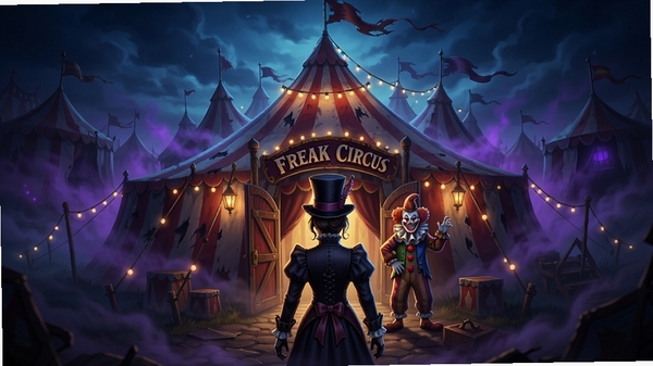 The Freak Circus 游戏主视觉图,画面中心是一座破旧却灯火通明的马戏团主帐篷,周围环绕着暗紫色雾气,前景站着一位身着维多利亚风格服饰的主角背影,帐篷门口站着诡异微笑的小丑,整体色调以深蓝、紫红与暖黄灯光对比,营造神秘不安的氛围,细节丰富,高分辨率游戏原画风格。