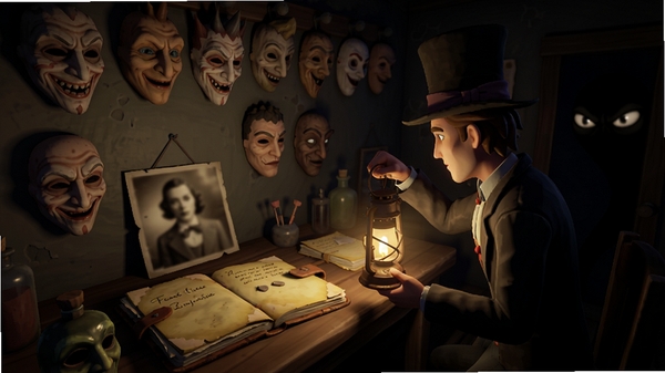 The Freak Circus 游戏截图,展示一个昏暗的化妆间,墙上挂满扭曲的面具,桌上散落着泛黄的日记本和一张模糊的合影,主角手持油灯正在查看,光线微弱,阴影中似乎有眼睛在窥视,画面充满叙事细节,游戏实机画面风格。