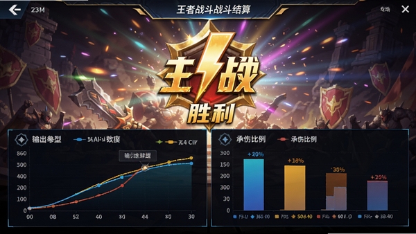 模拟王者战斗战斗结算界面,显示胜利标志,下方有详细数据图表,包括输出曲线和承伤比例,背景为胜利特效,色彩明亮,数据展示清晰,体现统计功能