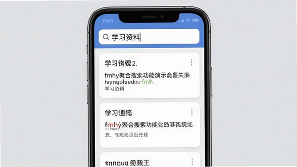 fmhy聚合搜索功能演示截图,画面展示手机端搜索界面,搜索框中输入“学习资料”,下方以卡片形式展示来自不同网站的搜索结果,每张卡片上有网站名称和摘要信息,背景为浅灰色,突出内容显示,整体风格简洁清晰。