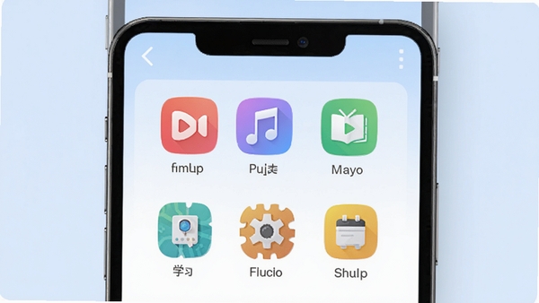 fmhy应用主界面预览图,展示其简洁的分类导航布局,背景为淡蓝色渐变色,前景为手机屏幕模型,屏幕内清晰显示fmhy的各个功能模块图标,如影视、音乐、学习、工具等,图标风格扁平化,色彩明快,整体画面干净明亮,符合现代工具类App的视觉风格。