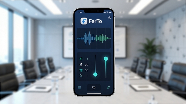 一张智能手机屏幕正中央显示FerTo应用界面的高清渲染图,背景是模糊的会议室环境,界面有清晰的声音波形和音量增益滑块,整体色调为科技蓝,光线明亮,细节丰富,风格写实。