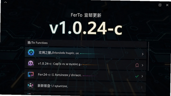 FerTo版本更新界面截图,背景是深色科技风格,中央有版本号v1.0.24-c的醒目文字和更新日志列表,图标设计简洁,色彩对比鲜明,突出新功能。
